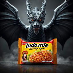 An artistic representation of Indomie Goreng Ayam packaging prominently featuring a logo with the name 'Skater 1