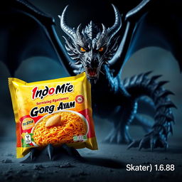 An artistic representation of Indomie Goreng Ayam packaging prominently featuring a logo with the name 'Skater 1