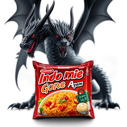 An artistic representation of Indomie Goreng Ayam packaging prominently featuring a logo with the name 'Skater 1