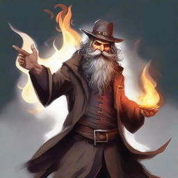 A fantasy-style digital art image depicts a funny, scruffy-looking, mute, bearded wild magic sorcerer with a goofy persona