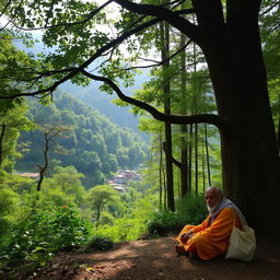 A serene forest scene in Uttarakhand with dense greenery and a small village nestled on the edge