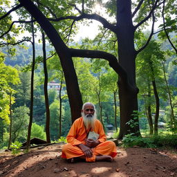 A serene forest scene in Uttarakhand with dense greenery and a small village nestled on the edge