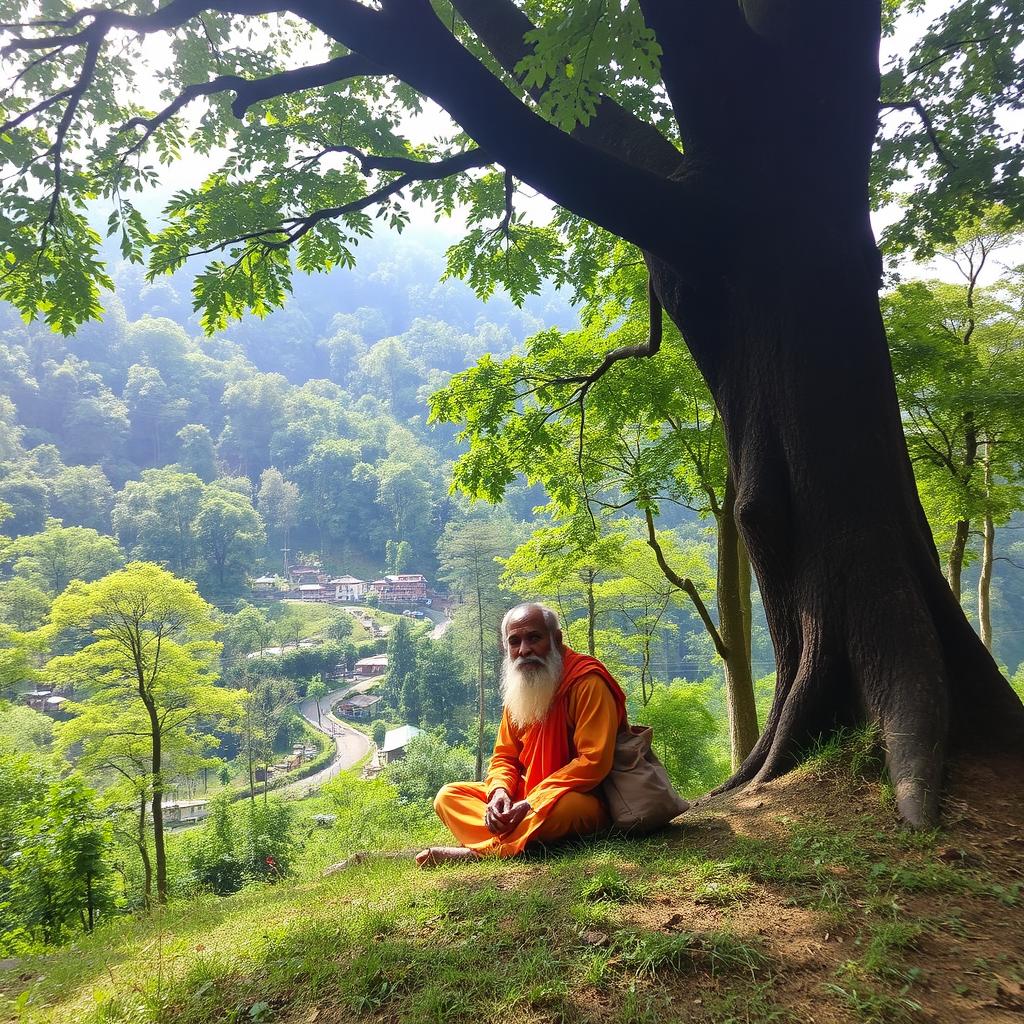 A serene forest scene in Uttarakhand with dense greenery and a small village nestled on the edge