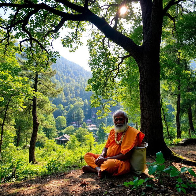 A serene forest scene in Uttarakhand with dense greenery and a small village nestled on the edge