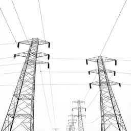 A high voltage three-phase transmission line against a white background