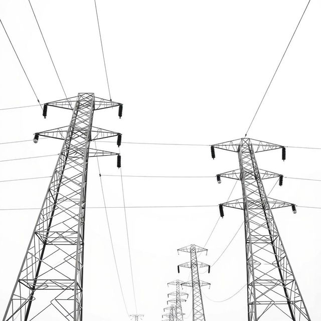 A high voltage three-phase transmission line against a white background