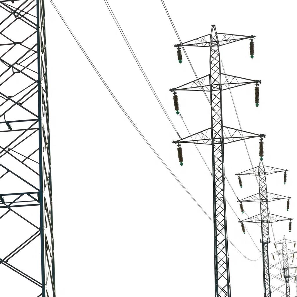 A high voltage three-phase transmission line against a white background