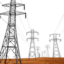 A high voltage three-phase transmission line against a white background
