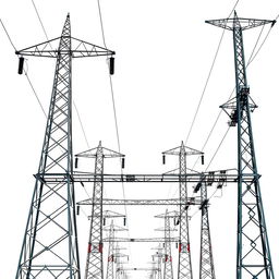 A high voltage three-phase transmission line against a white background