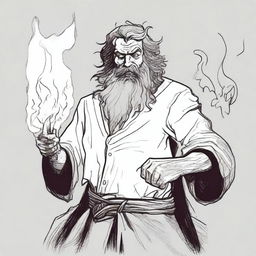 A drawn sketch-style image presents a funny, unhinged, scruffy-looking, mute, bearded wild magic sorcerer