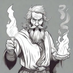 A drawn sketch-style image presents a funny, unhinged, scruffy-looking, mute, bearded wild magic sorcerer