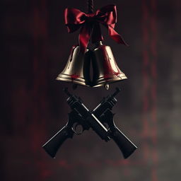 A dark and dramatic wedding scene featuring blood-covered wedding bells, ominously hanging above