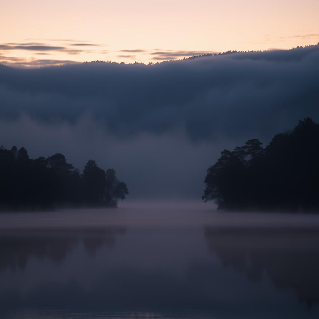 An atmospheric landscape scene at dusk, showcasing a serene lake reflecting the colors of the sunset, with soft hues of orange, pink, and purple in the sky