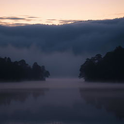 An atmospheric landscape scene at dusk, showcasing a serene lake reflecting the colors of the sunset, with soft hues of orange, pink, and purple in the sky