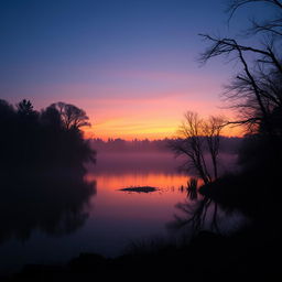 An atmospheric landscape scene at dusk, showcasing a serene lake reflecting the colors of the sunset, with soft hues of orange, pink, and purple in the sky
