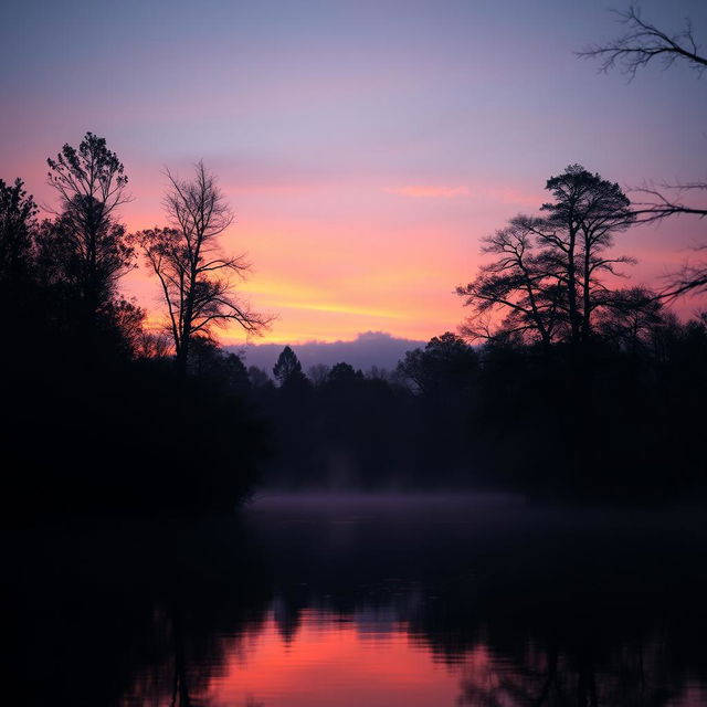 An atmospheric landscape scene at dusk, showcasing a serene lake reflecting the colors of the sunset, with soft hues of orange, pink, and purple in the sky