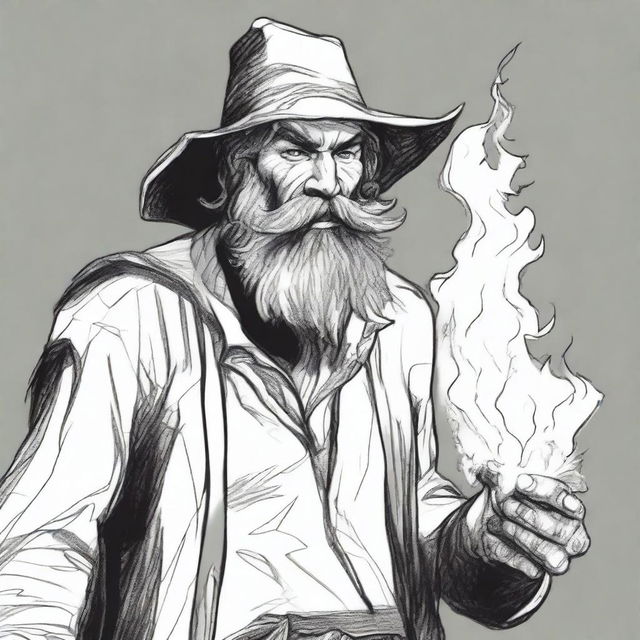 A detailed sketch-style image portrays a funny, unhinged, scruffy-looking, mute, bearded wild magic sorcerer