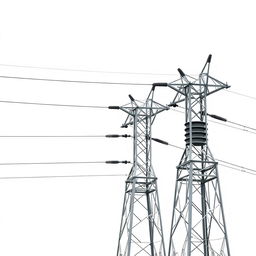 A high voltage three-phase transmission line, elegantly depicted against a clean white background