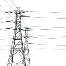 A high voltage three-phase transmission line, elegantly depicted against a clean white background