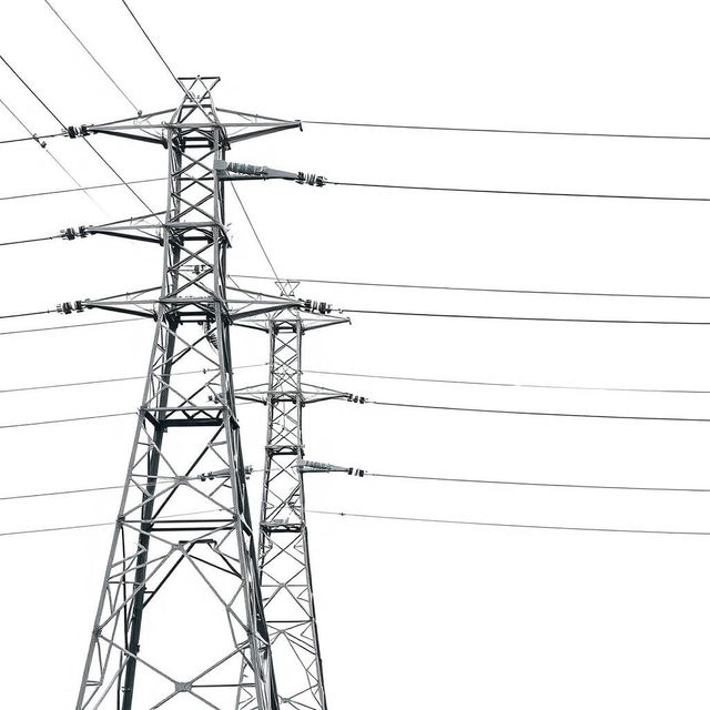 A high voltage three-phase transmission line, elegantly depicted against a clean white background