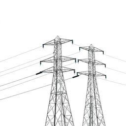 A high voltage three-phase transmission line, elegantly depicted against a clean white background