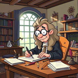 A humorous cartoon scene featuring Isaac Newton, depicted as a quirky and expressive character, engrossed in writing a letter
