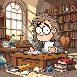 A humorous cartoon scene featuring Isaac Newton, depicted as a quirky and expressive character, engrossed in writing a letter
