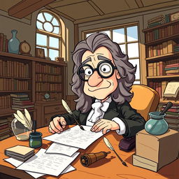A humorous cartoon scene featuring Isaac Newton, depicted as a quirky and expressive character, engrossed in writing a letter