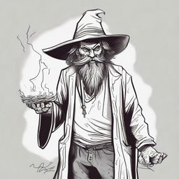 A detailed sketch-style image portrays a funny, unhinged, scruffy-looking, mute, bearded wild magic sorcerer