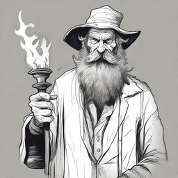 A detailed sketch-style image portrays a funny, unhinged, scruffy-looking, mute, bearded wild magic sorcerer