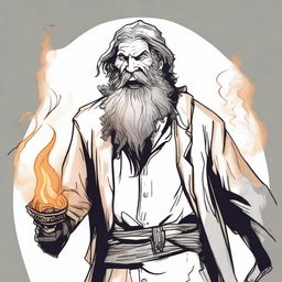 A detailed sketch-style image portrays a funny, unhinged, scruffy-looking, mute, bearded wild magic sorcerer