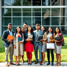 A formal college yearbook photo featuring a group of diverse finance students in professional attire