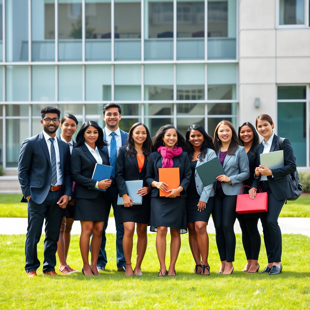 A formal college yearbook photo featuring a group of diverse finance students in professional attire