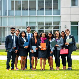 A formal college yearbook photo featuring a group of diverse finance students in professional attire