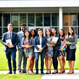 A formal college yearbook photo featuring a group of diverse finance students in professional attire