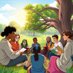 An illustration depicting a diverse group of young people engaged in a vibrant outdoor classroom setting, enthusiastically learning about moral education and religion