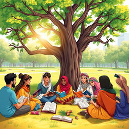 An illustration depicting a diverse group of young people engaged in a vibrant outdoor classroom setting, enthusiastically learning about moral education and religion
