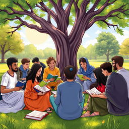 An illustration depicting a diverse group of young people engaged in a vibrant outdoor classroom setting, enthusiastically learning about moral education and religion