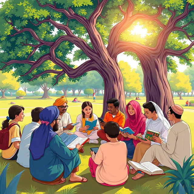 An illustration depicting a diverse group of young people engaged in a vibrant outdoor classroom setting, enthusiastically learning about moral education and religion