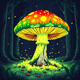 A pixel art depiction of a vibrant, fantastical mushroom that has a glowing, nuclear glow