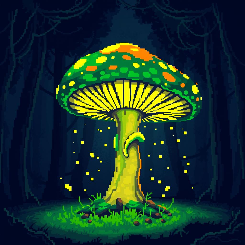 A pixel art depiction of a vibrant, fantastical mushroom that has a glowing, nuclear glow