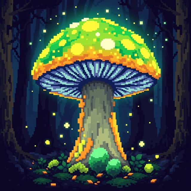 A pixel art depiction of a vibrant, fantastical mushroom that has a glowing, nuclear glow