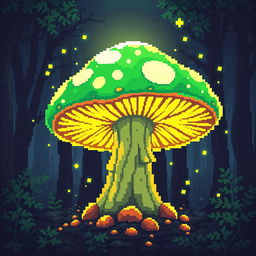 A pixel art depiction of a vibrant, fantastical mushroom that has a glowing, nuclear glow