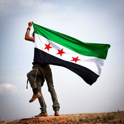 A free, rebellious individual proudly carrying the Syrian revolution flag