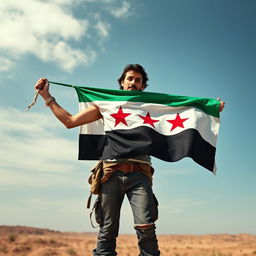 A free, rebellious individual proudly carrying the Syrian revolution flag