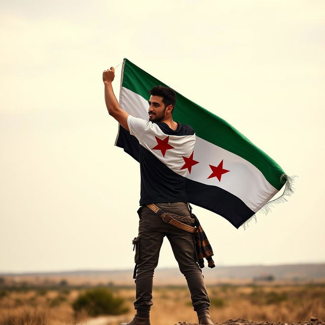 A free, rebellious individual proudly carrying the Syrian revolution flag