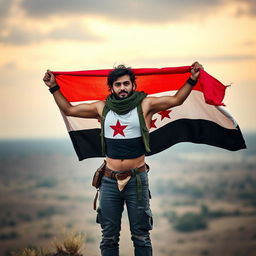 A free, rebellious individual proudly carrying the Syrian revolution flag