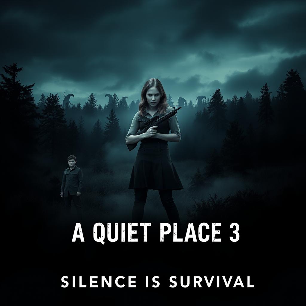A chilling and captivating teaser poster for 'A Quiet Place 3' (2024) featuring Emily Blunt, John Krasinski, and Noah Jupe