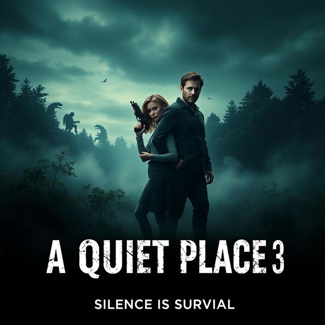 A chilling and captivating teaser poster for 'A Quiet Place 3' (2024) featuring Emily Blunt, John Krasinski, and Noah Jupe