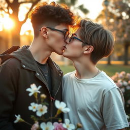 A romantic scene featuring two boys kissing, both wearing stylish glasses